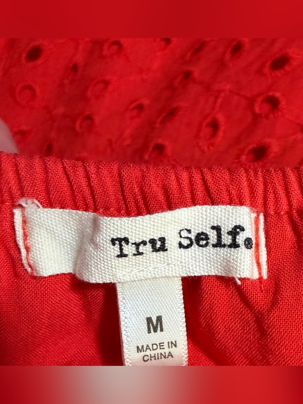 Tru Self Orange-Red Eyelet Off Shoulder Tassel Blouse Medium Boho Resort Top - Picture 9 of 11